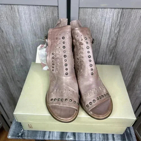 A.S. 98 Sandals Leather Block Heel Studs Ankle Strap Mauve Fair Wind - Picture 2 of 10